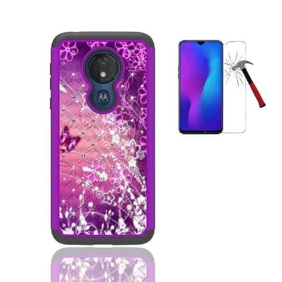 Phone Case for Straight Talk Moto g7 Optimo/ Motorola Moto G7 Play, Studded Rhinestone Crystal Bling Dual Layer Shockproof Cover Case (Dark Purple Butterfly   Tempered Glass)