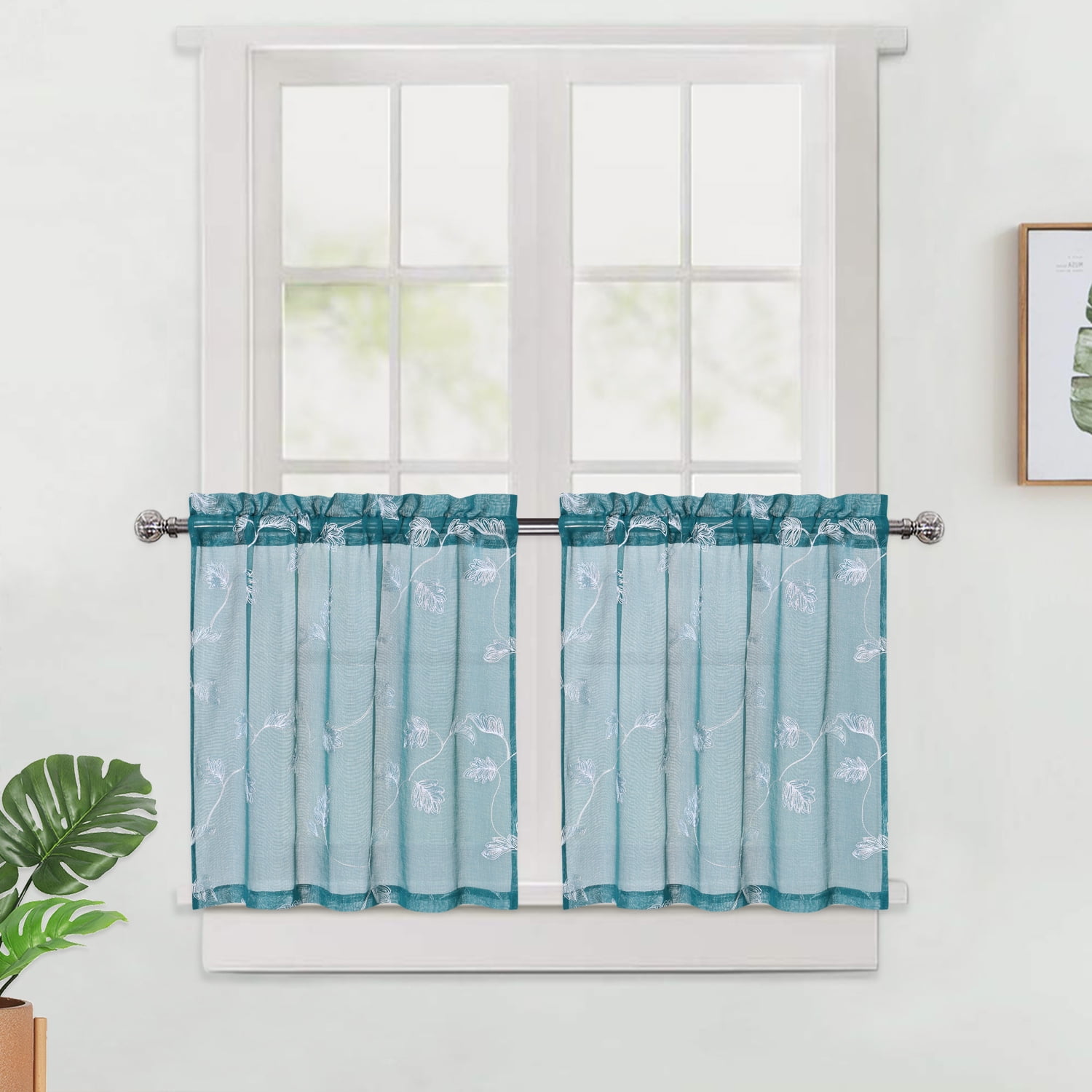 GlowSol 26"W x 24"L Sheer Cafe Curtain Ribbon Embroidery Short Window