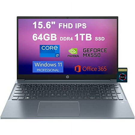 HP Pavilion 15 Business Laptop | 15.6" FHD Multi-Touch Display | 13th Gen 10-core i7-1355U | 64GB DDR4 1TB SSD | GeForce MX550 2GB Graphic | USB-C Backlit Office365 Win11Pro Blue + 32GB MicroSD Card