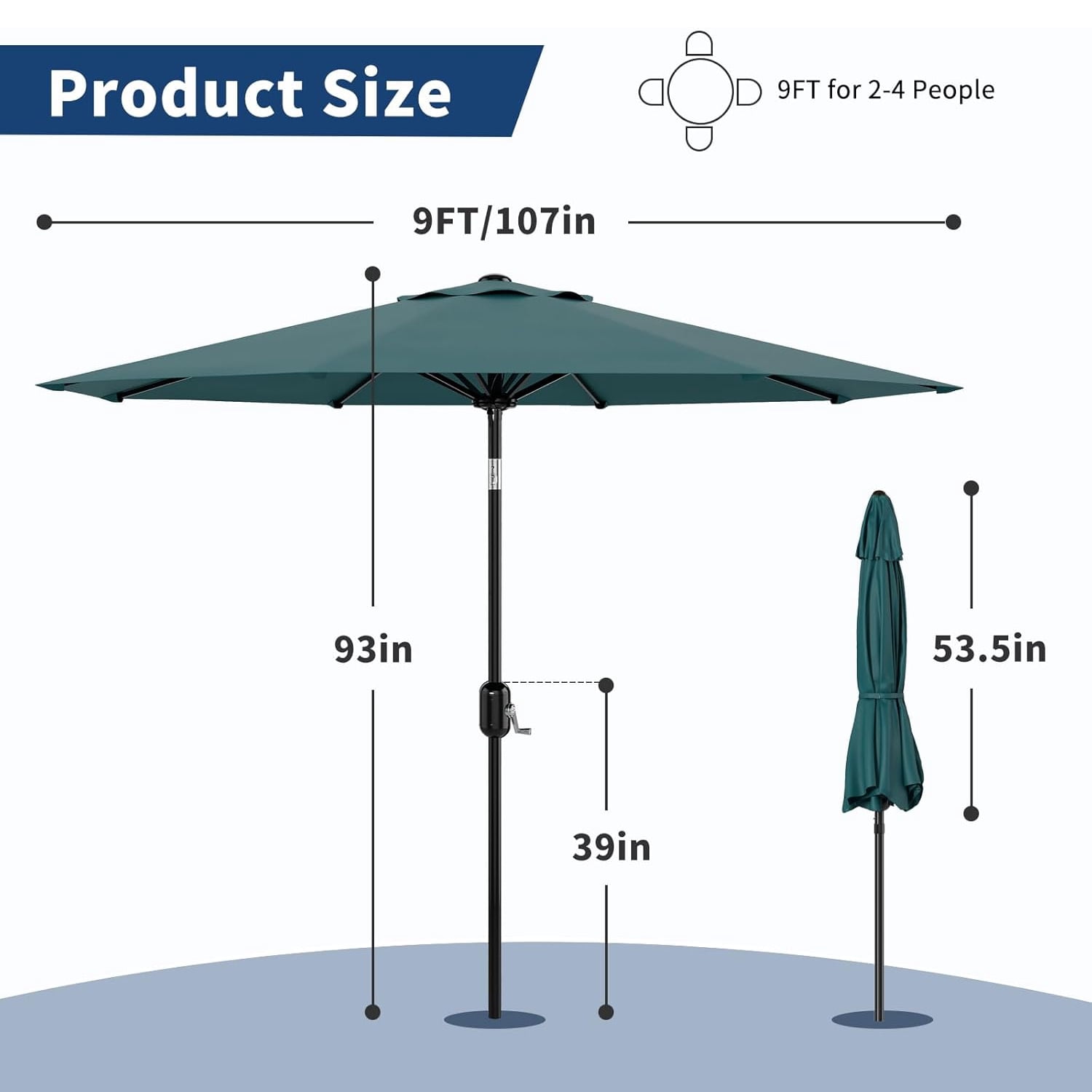 Emorefun Outdoor Umbrella, 9ft Patio Umbrella with Crank Lift & Adjustable Tilt for Pool, Deck, Yard, Garden, Turquoise