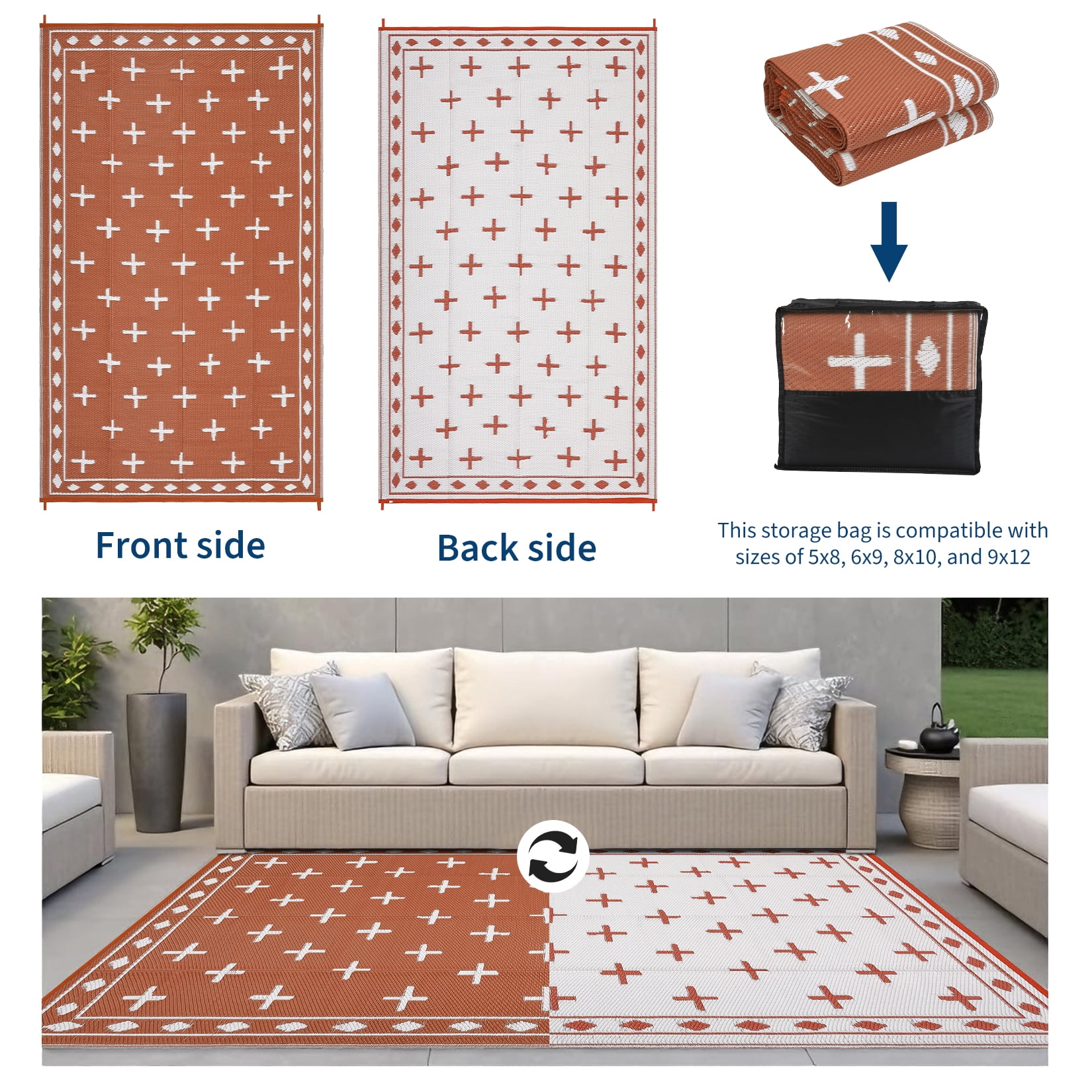 COZONY 9'x18' Outdoor Rug, Reversible Waterproof Plastic Straw Patio Mat, Large RV Camping Rug with Geometric Design for Deck, Bangeyard, Beach