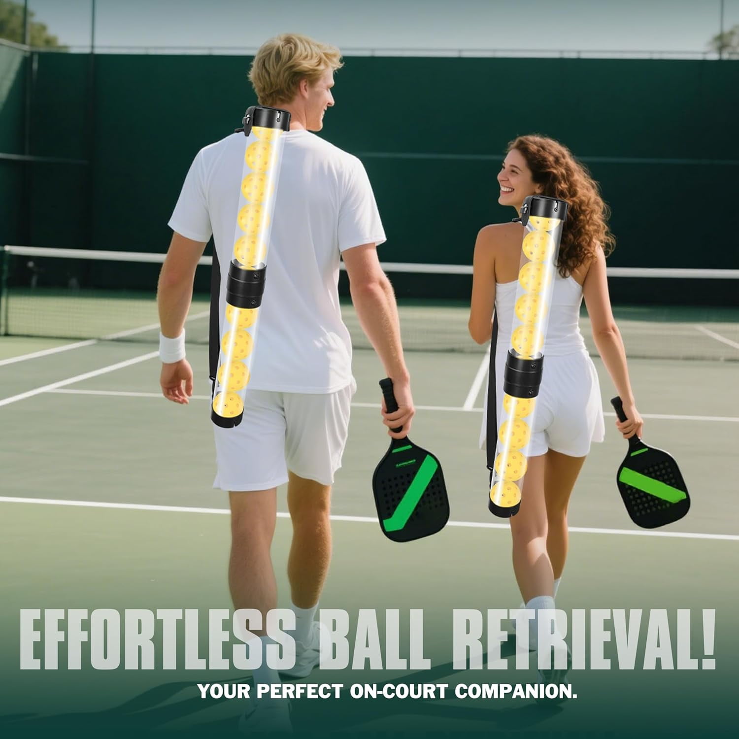 Adoreal Durable Pickleball Ball Retriever with 10 Pickleballs,Quick Pickup & Storage Pickleball Tube with Shoulder Strap for Pickleball Accessories - Includes 10 balls