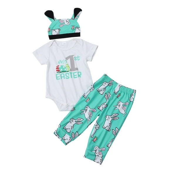 YunPes 3Pcs Toddler Easter Outfits Set Cute Cartoon Bunny Egg Print Short Sleeve Round Neck Romper   Elastic Soft Pant   Hat