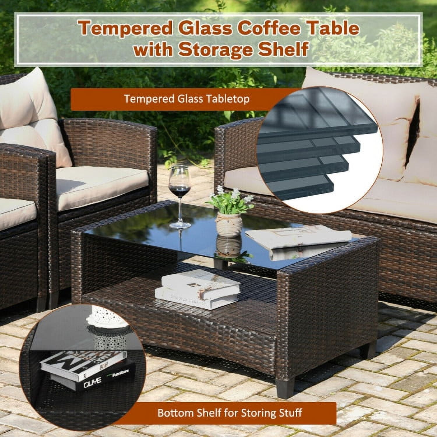 Aimee Lii 4 Pieces Outdoor Rattan Wicker Loveseat Furniture Set with Glass Table, Small Patio Set, Khaki Aimee Lii 4 Pieces Outdoor Rattan Wicker Loveseat Furniture Set with Glass Table, Small Patio Set, Khaki