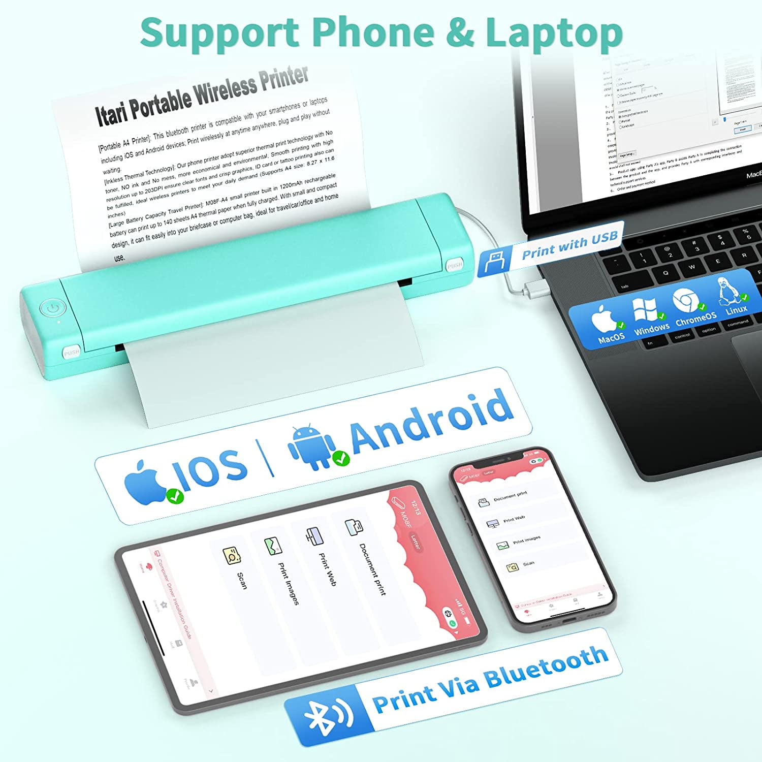 Phomemo M08F Portable Printer Wireless Thermal Printer for Travel, Support 8.5" X 11" Thermal Paper, Bluetooth Inkless Printer Compatible with Android iOS Phone & Laptop（Green）