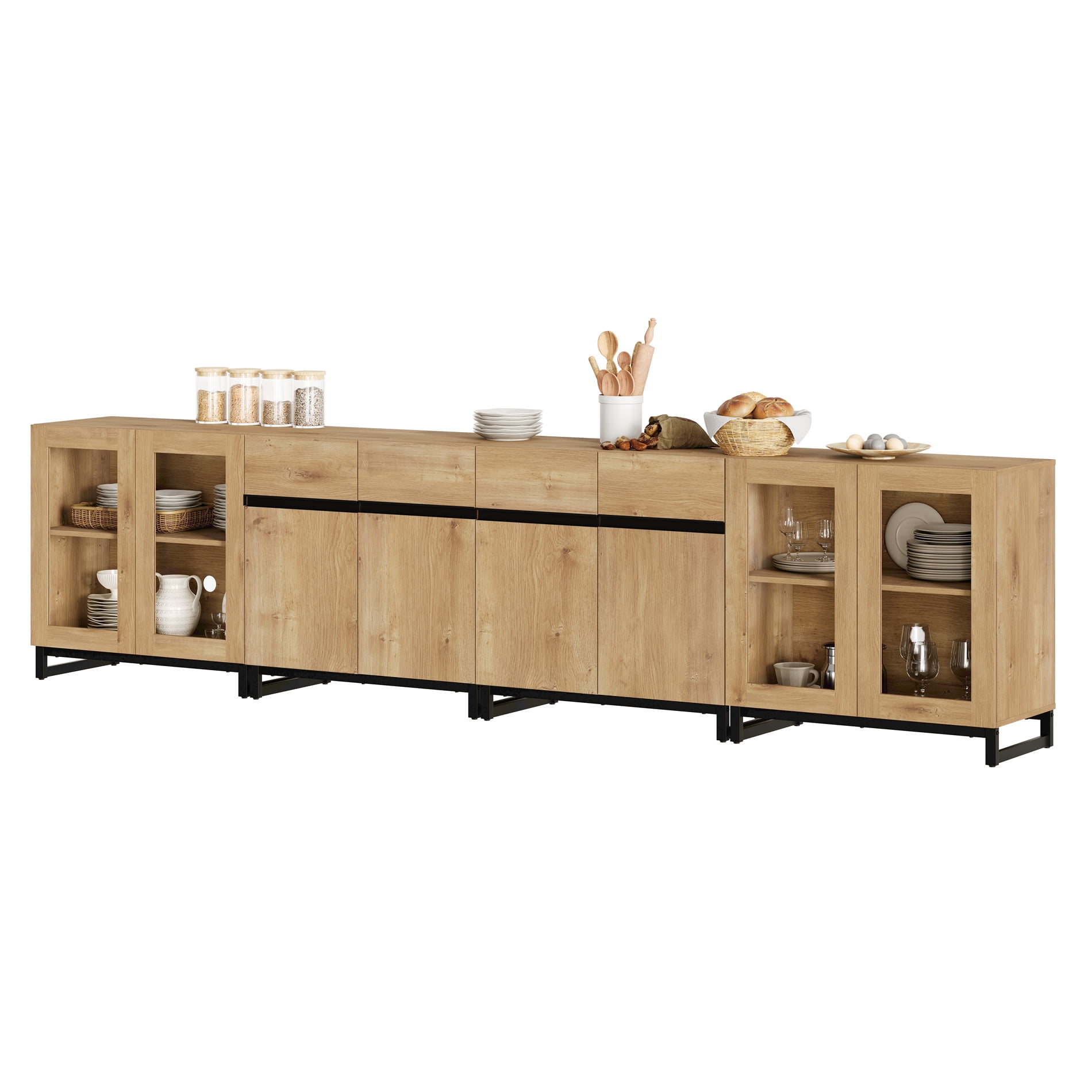 Modern 4-in-1 Storage Chest, Multifunctional Dresser with Glass Doors & Adjustable Shelves, Versatile Closet Organizer Cabinet for Bedroom Living Room,Oak
