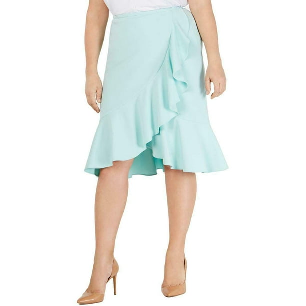 Calvin Klein Womens Plus Ruffled Dressy Midi Skirt Blue 16W