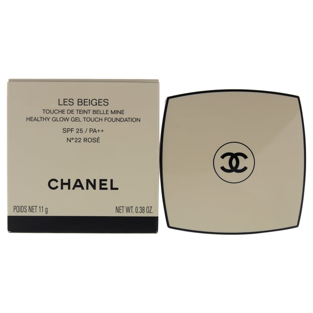 fundación chanel chanel les beiges healthy glow gel touch foundation spf 25 - 22 rose fundación dama 0.38oz Caja de cartón beige y estuche compacto cuadrado beige con logotipo CHANEL en negro; caja frontal muestra 'LES BEIGES', 'HEALTHY GLOW GEL TOUCH FOUNDATION', 'SPF 25 / PA++' y 'N°22 ROSÉ', vista frontal a nivel, producto de importación, tamaño 0.38 oz; apto como compacto de viaje por su tamaño.
