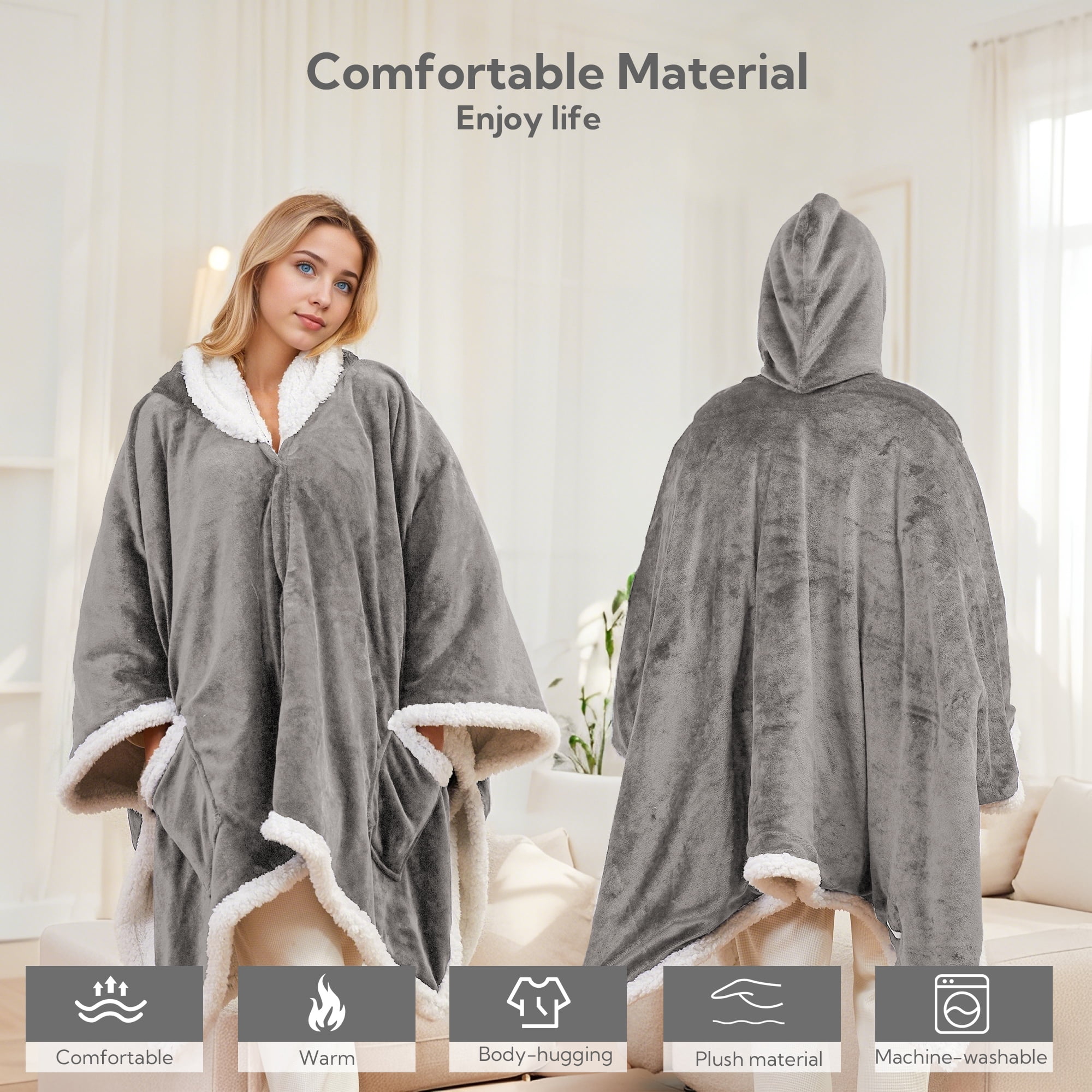 SUNNY HEAT Heated Electric Wearable Throw Blanket with Hood Pockets, 56"x63", Soft Flannel & Sherpa, 3H Auto Shut Off, Machine Washable, Light grey