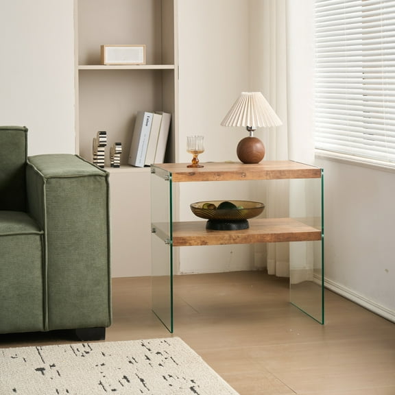 Small Walnut Tempered Glass Coffee Table, MDF Sofa Side Table - Multi-Purpose Tea Table for Living Room, Office, Outdoor - Easy to Clean, No Assembly
