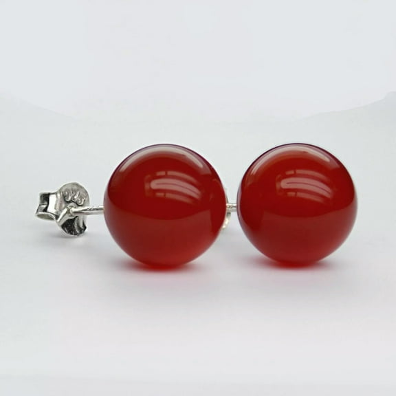 K-KED 10mm GENUINE RED JADE BEAD / BALL 925 STERLING SILVER STUD EARRINGS AAA