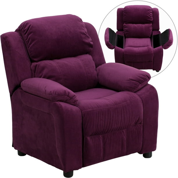 28 Plum Purple Deluxe Padded Contemporary Kids Recliner With Storage Arms Walmart Com Walmart Com