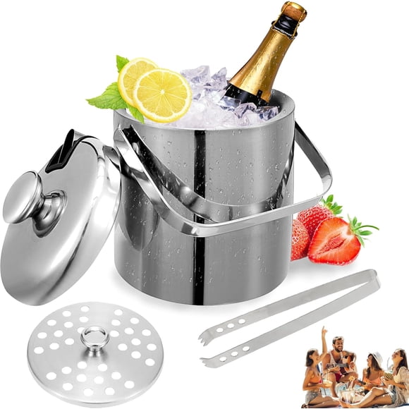 3.2L de Cubeta para Hielo de Doble Pared Hielera, 304 Hielera Acero Inoxidable con tapa, clip, filtro, Hielera de Mesa Adecu para el hogar, fiesta camping bar restaurante