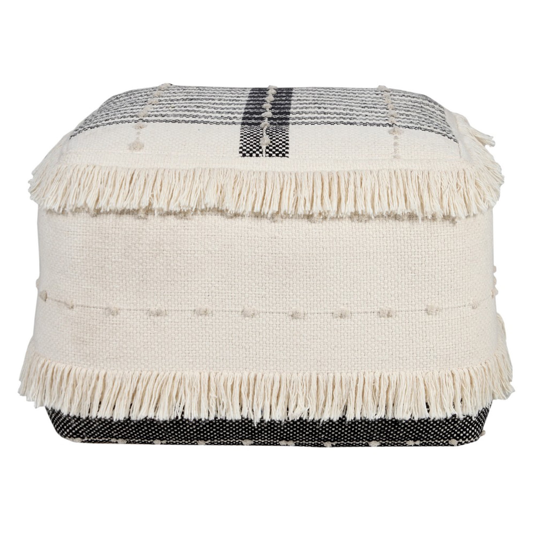 LR Home Small Fringe Striped Indoor Square Pouf, White/Black, 18" x 18" x 14"
