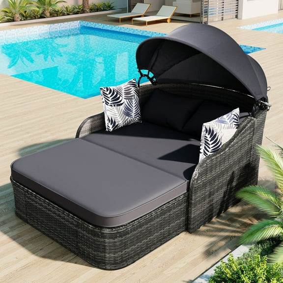Outdoor Sunbed With Adjustable Canopy And Ergonomic Back Support - Double Lounge Pe Daybed Cushions Gray