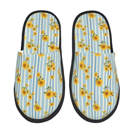Balery Blue White Striped Sunflower Slient Indoor Furry Fleece Comfort House Shoes Soft Non-Slip Home Shoes Cotton slippers House Slippers-- Large