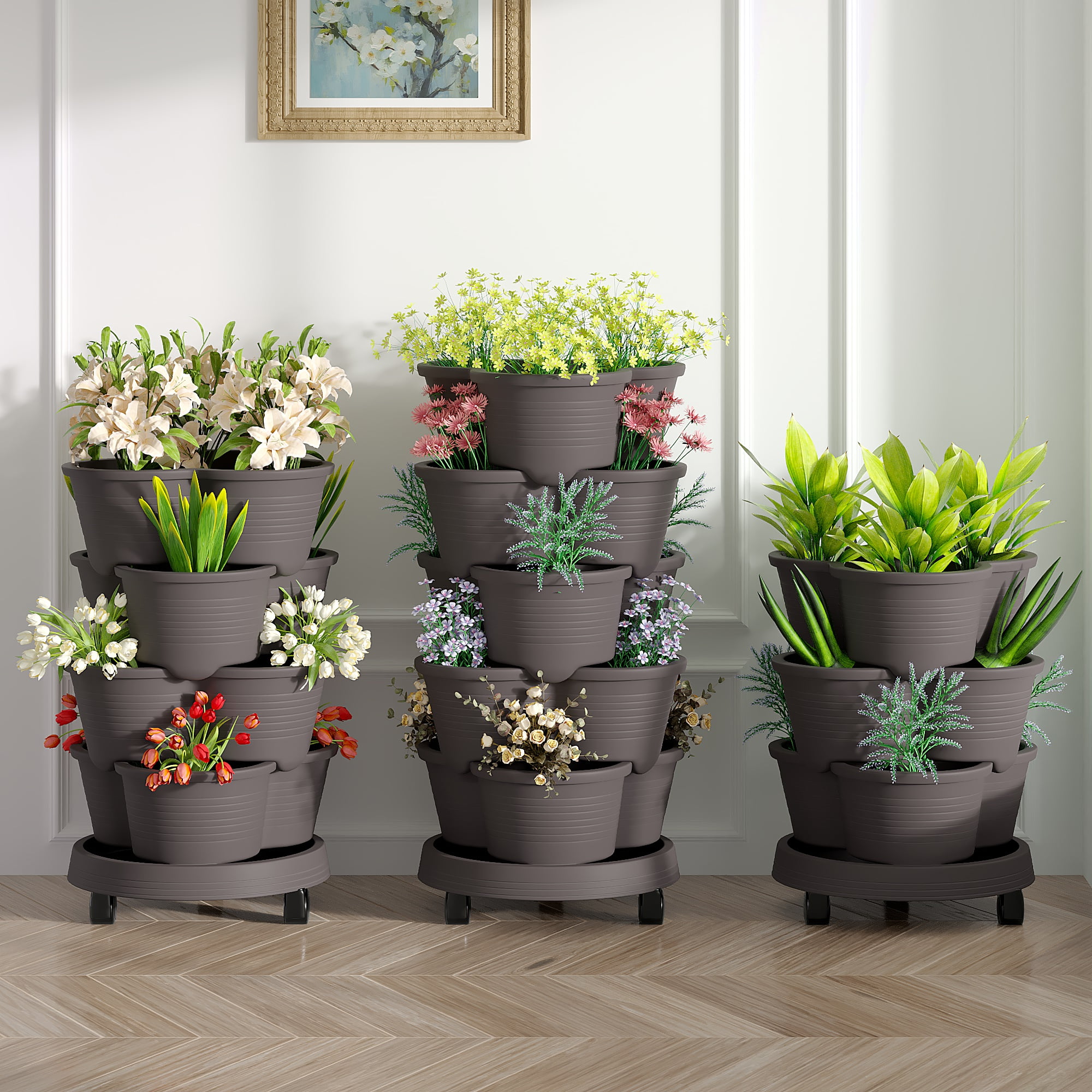 VECELO Stackable Planters 5 Tier Vertical Gardening Planter, Stackable Garden Tower Indoor Outdoor Pot For Strawberries, Flowers, Herbs, Vegetables With Removable Wheels, Dark Gray