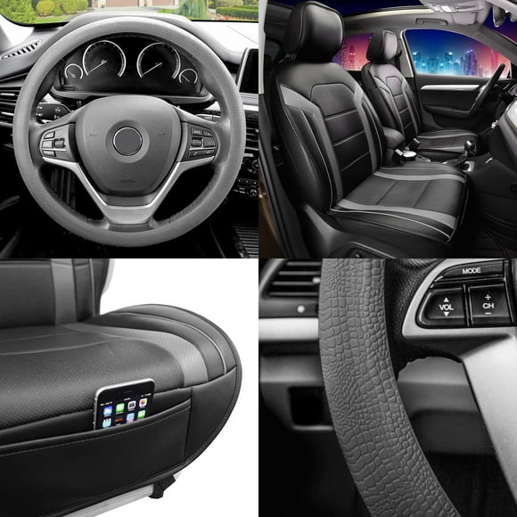 FH Group, Faux Leather Seat Covers Cushion Pad Front Bucket Gray w/Steering Cover