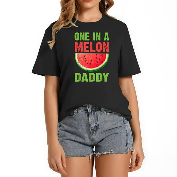 One In A Melon Daddy Watermelon Lover Funny Family Matching Women's Fashion Tee, Graphic Print for Casual and Chic Look Black S