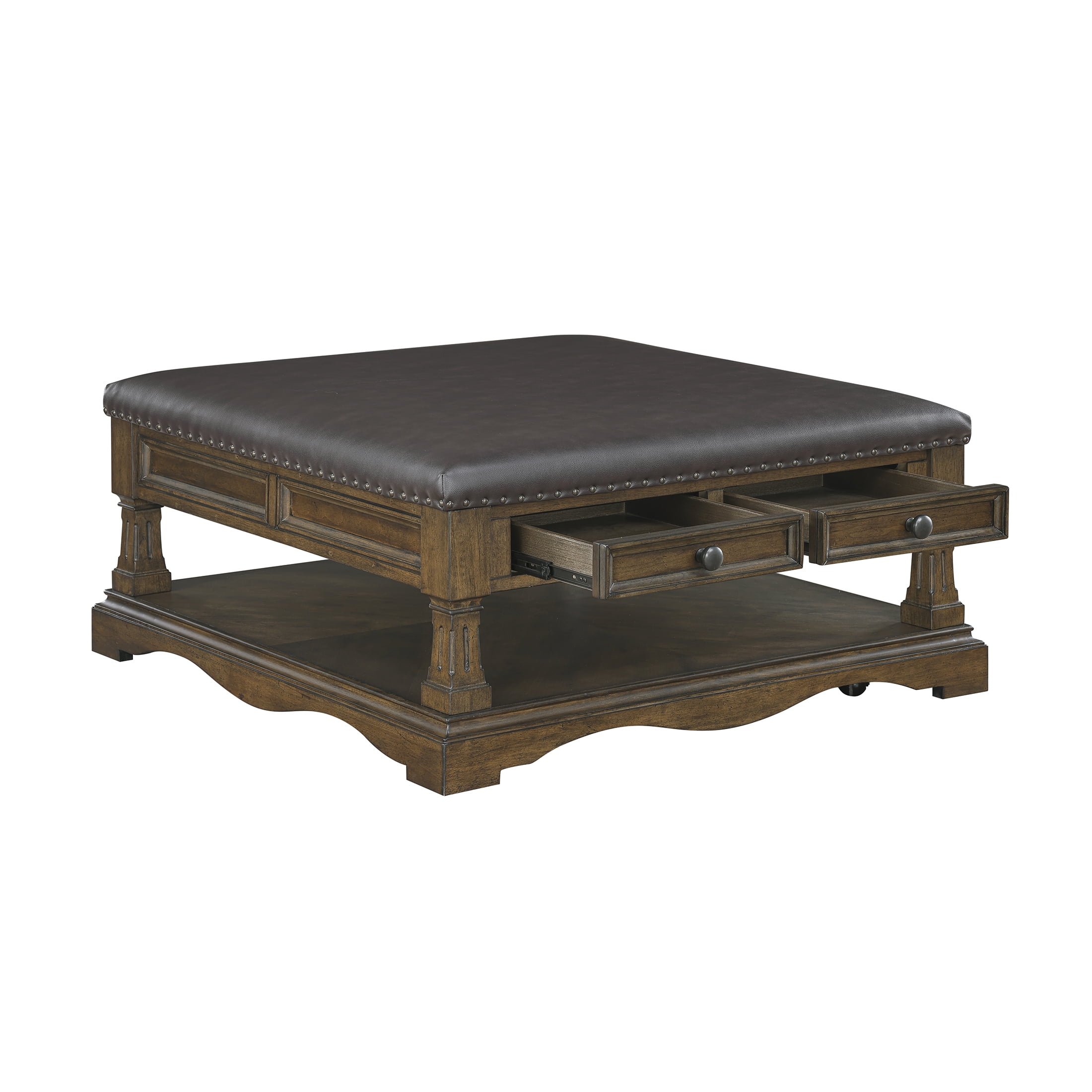 OakvillePark Soren Wooden Coffee Table with 4 Drawers, Faux Leather Upholstered Top, Casters, Dark Brown