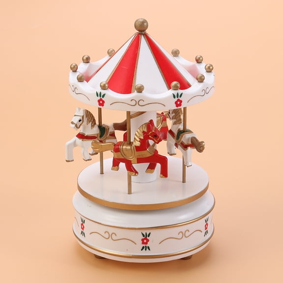 Masteelf White Wooden Carousel Music Box Beautiful Decorative Ornament for Home Decoration Mechanical Movement 6.3x4.7 Inches
