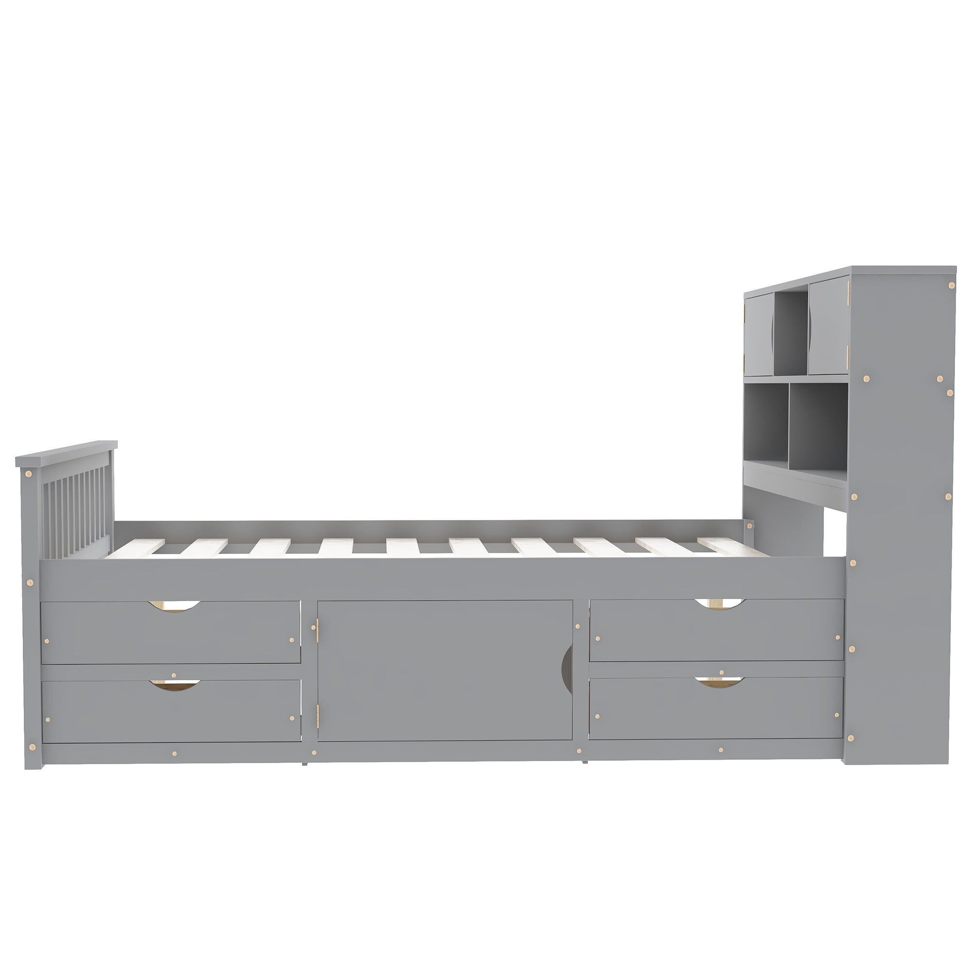 Euroco Wood Full Size Platform Bed with Storage Headboard, Captain Bed with 4 Drawers, Bookcase and Cabinets, Gray