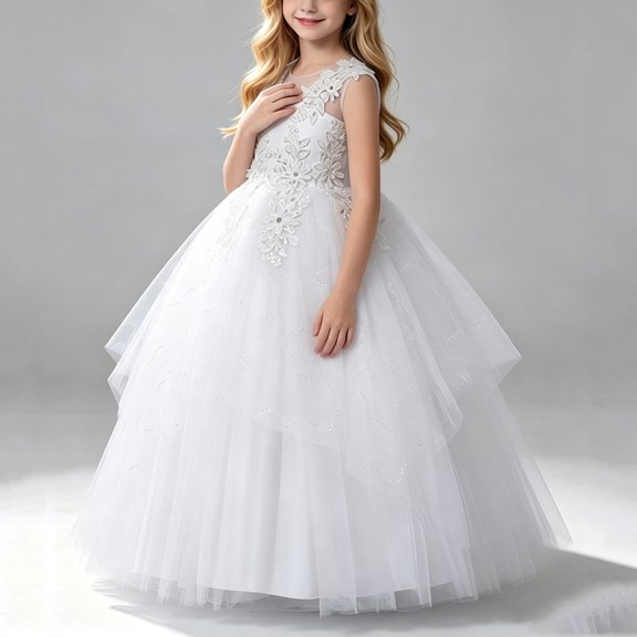 Girls Sleeveless Lace Tulle Flower Dress, Floor Length Layered Princess Ball Gown with Beading, Elegant formal Outfit for Wedding, Birthday Party, Pageant & Kids Photoshoot Events White 12-13Years
