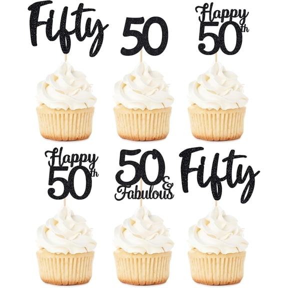 10 PCS 50 Birthday Cupcake Toppers -BLACK Glitter, Fifty Cupcake Topper, 50 Cupcake Topper, 50th birthday decorations,50th Birthday Cupcake Topper, 50 Decorations for Cake