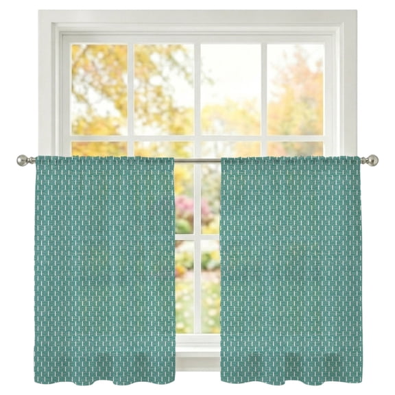 Basketweave Sheer Curtains 45 inches Long, Rustic Minimalist Green Woven Dashes Textured Light Filtering Sheer Window Curtains Rod Pocket Voile Drapes for Bedroom Living Room, 2 Panels