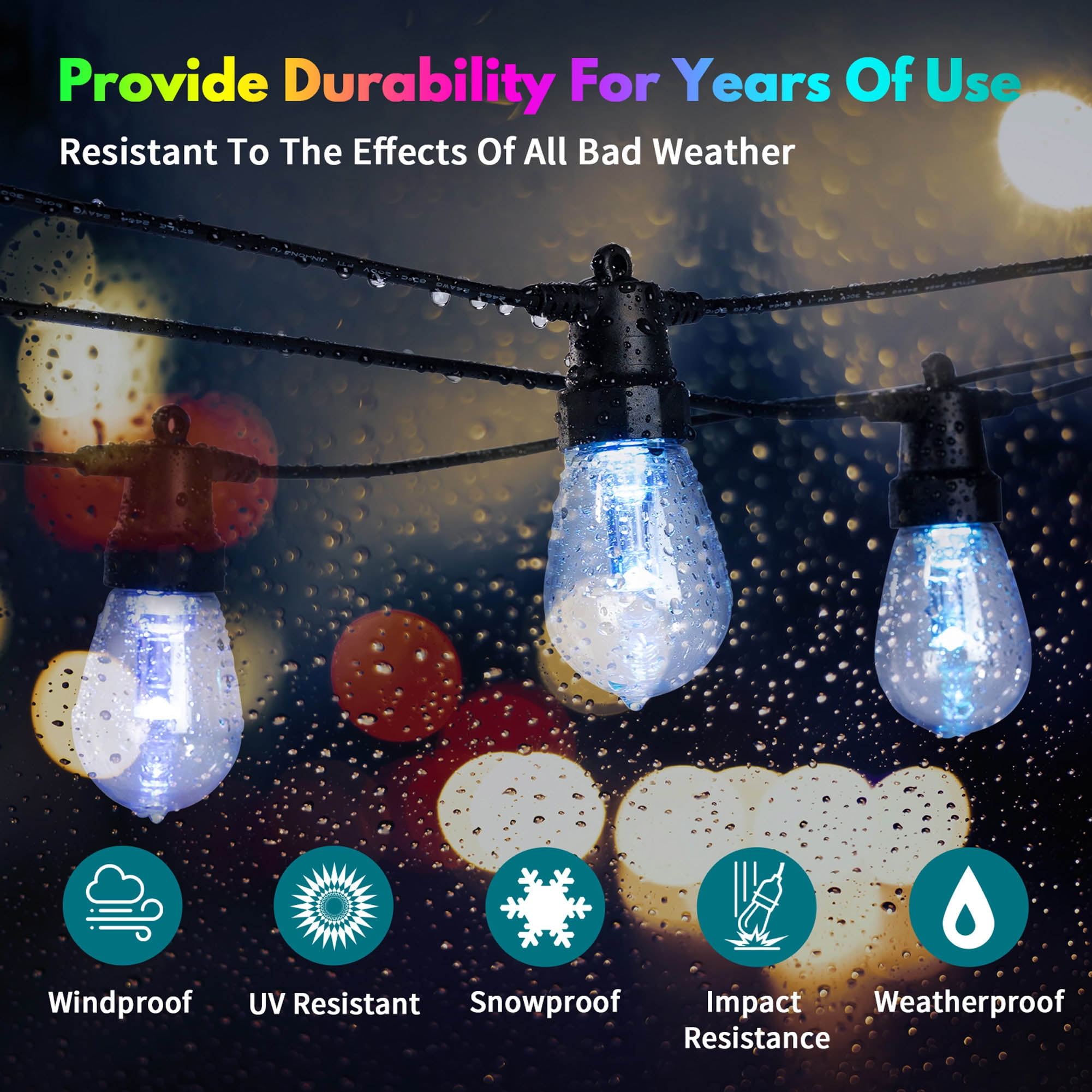 50ft Outdoor String Lights, RGB & Warm White Patio Lights with 20 Bulbs, Color Changing, App & Remote Control, Waterproof, Connectable, Backyard & Christmas Decor