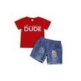 thumbnail image 2 of Aojekbee Boys Memorial Day Outfits Letter Print Short Sleeves T-Shirt and Elastic Ripped Denim Shorts Set for 2 Piece Clothes, 2 of 10