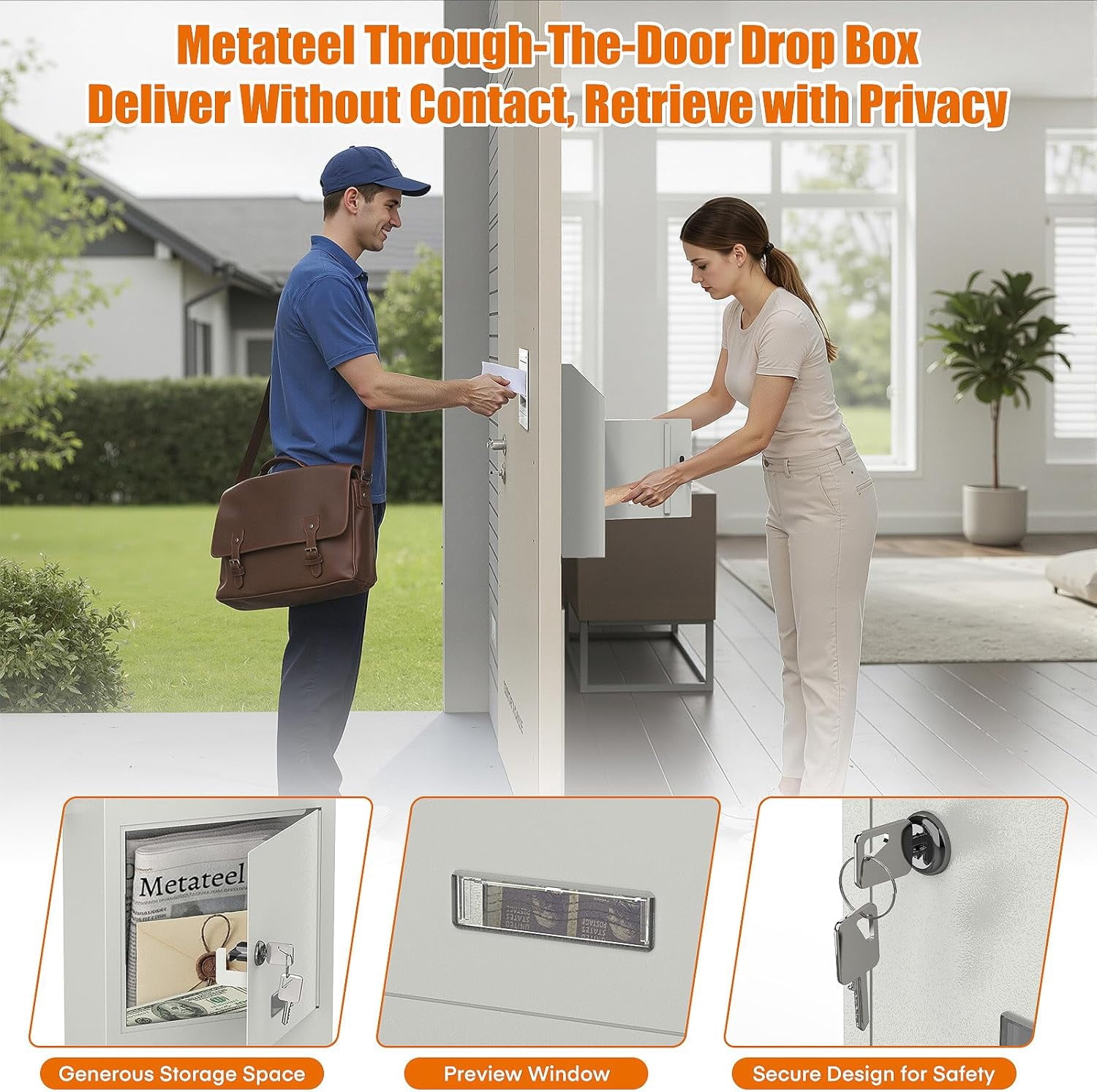 Metateel Door Drop Box for Mail, Rent, Deposit, and Night Key - Through The Door Locking Steel Mailbox with Rear Access | 9.75” L x 4.25” W x 14.75” H (White)