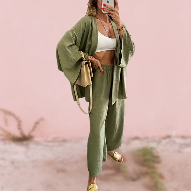 Cárdigan Conjunto de pantalón de 2 piezas de lino y algodón de cintura alta y manga larga para uso diario (verde XL) Cgtredaw Verde T XL para Mujer