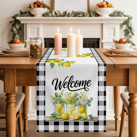 Table Runners 36 Inches Long Dress Scarves, Summer Lemon Farmhouse Kitchen/Dining Table Decor Table Runner, Short Coffee Tablerunners, Black Plaid Fruits Floral Botanical 13x36 Inch