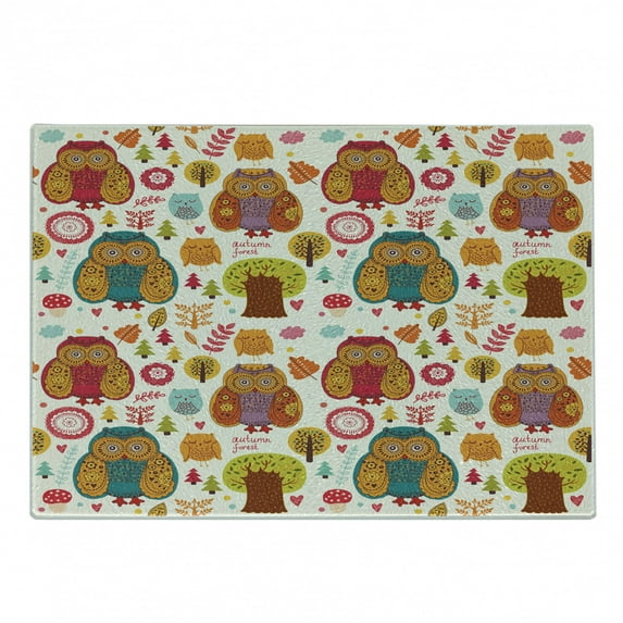 Fall Cutting Board, Vintage Ornate Large Eyed Nocturnal Animal Owls on the Background Print, Decorative Tempered Glass Cutting and Serving Board, Small Size, Multicolor, by Ambesonne