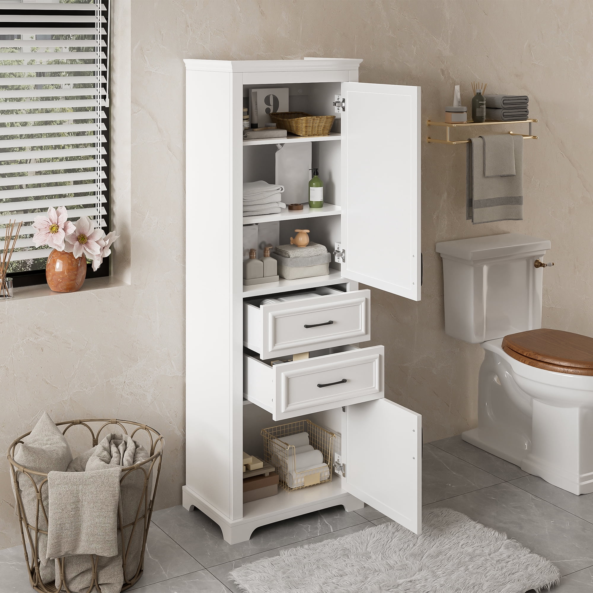 Leumius 71" Tall Freestanding Bathroom Vanity with Damping-Hinge Doors, 2 Drawers, Adjustable Shelf, Anti-Tip Design, Modern Charcoal White Finish