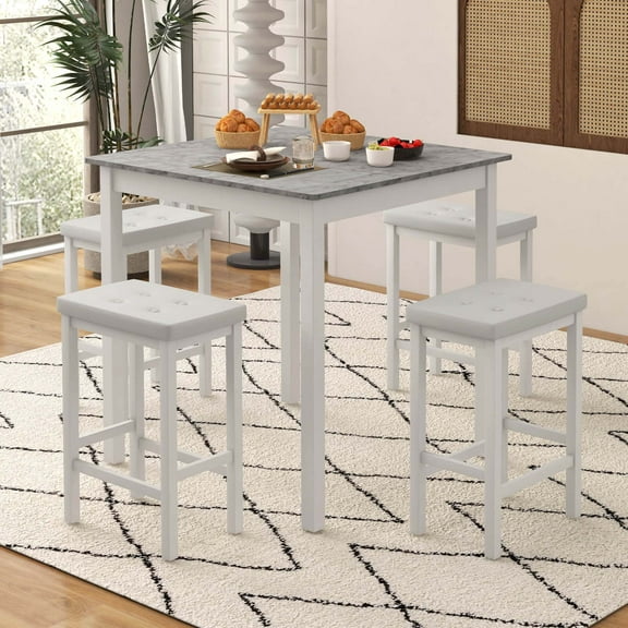 Costway 5 PCS Bar Table Set Square Dining Table & 4 PVC Leather Upholstered Bar Stools White