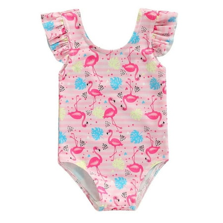 

Calsunbaby Toddler Baby Girl Swimwear Romper Fly Sleeve Printed Backless Beach Wear Shorts Jumpsuit Swimsuit Flamingo 1-2 Years
