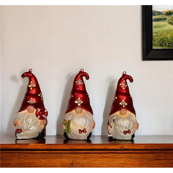 HomeRoots 552183 Red & White Santa Gnome LED Light Up Christmas Ornaments - Set of 3