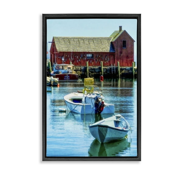 Stupell Industries Tranquil Boat Harbor Landscape & Nature Painting Black Floater Framed Canvas Art Print Wall Art, 17 x 25