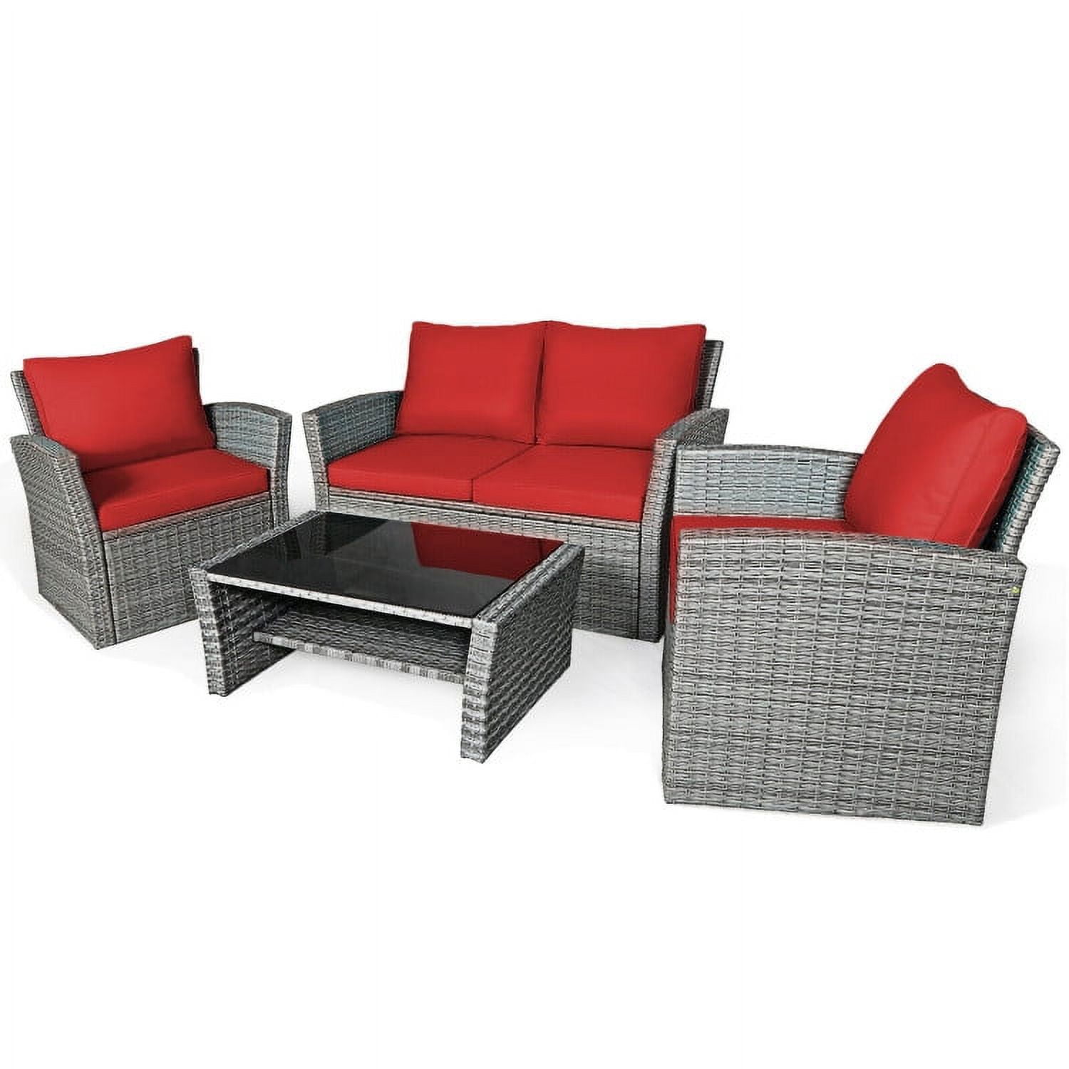 Aimee Lii 4 Pieces Wicker Patio Furniture Set Sofa Table with Storage Shelf Cushion, Modern Patio Furniture, Red Aimee Lii 4 Pieces Wicker Patio Furniture Set Sofa Table with Storage Shelf Cushion, Modern Patio Furniture, Red