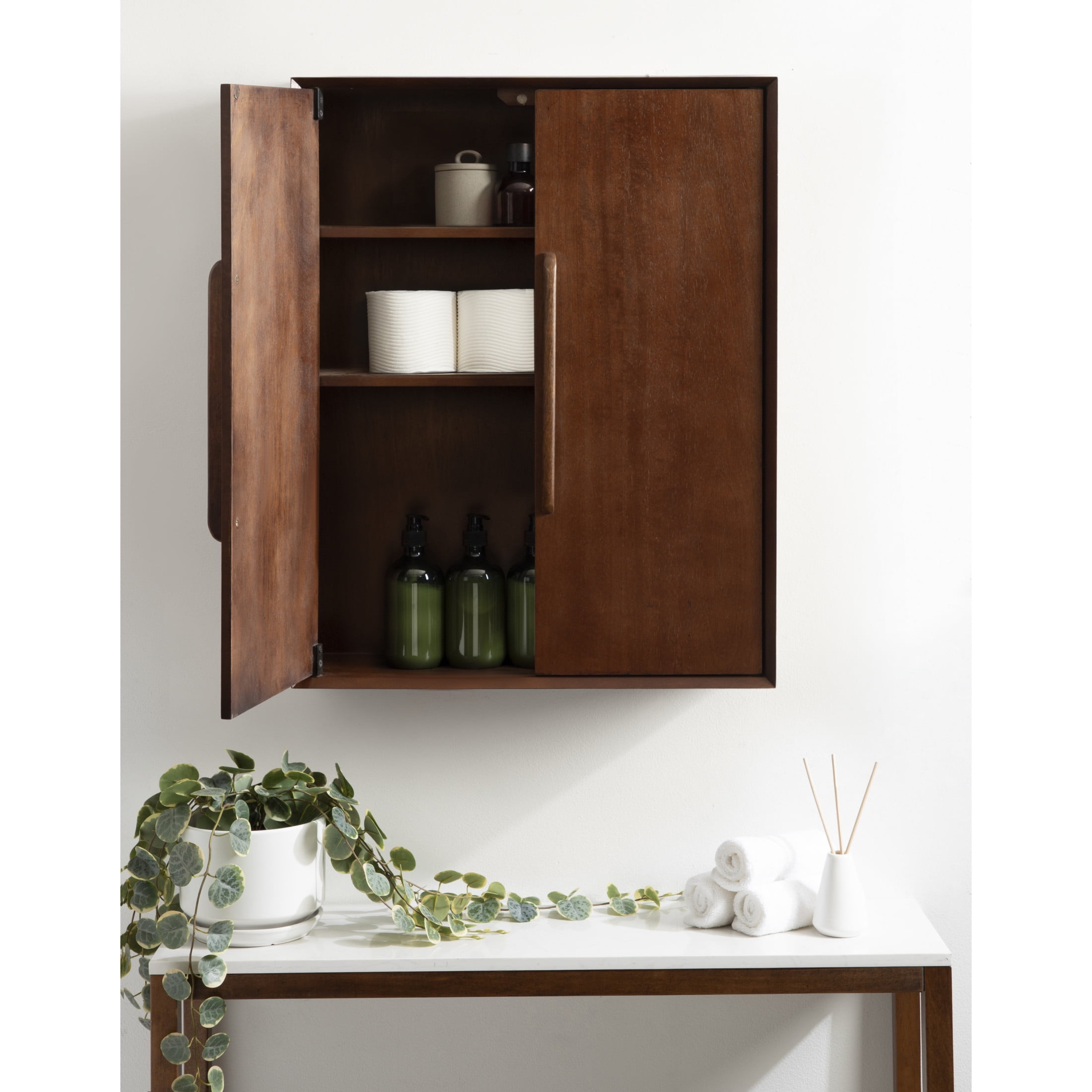 Kate and Laurel McCutcheon Modern Two-Door Floating Bathroom Cabinet, 22 x 7 x 28, Walnut Brown, Decorative Mango Wood Over the Toilet Storage Cabinet for Living Room or Entryway Decor