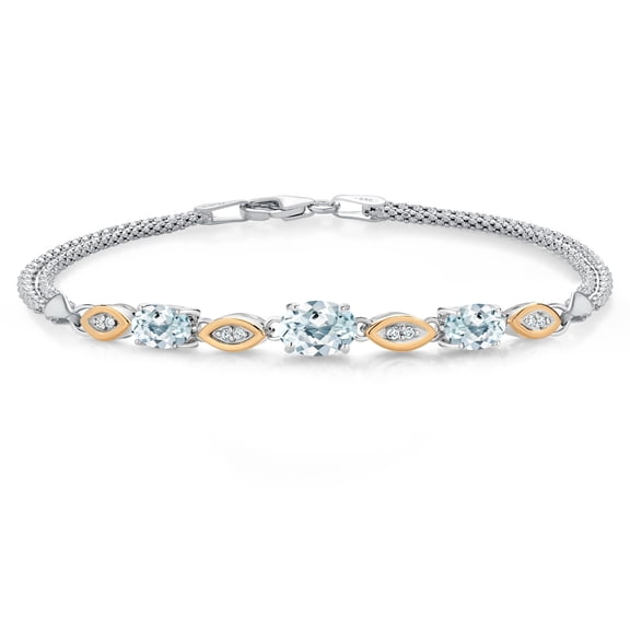 Gem Stone King 925 Silver and 10K Yellow Gold Sky Blue Aquamarine and White Lab Grown Diamond Bracelet for Women (1.81 Cttw, Gemstone March Birthstone, Oval, Wheat Chain, 7 inches)