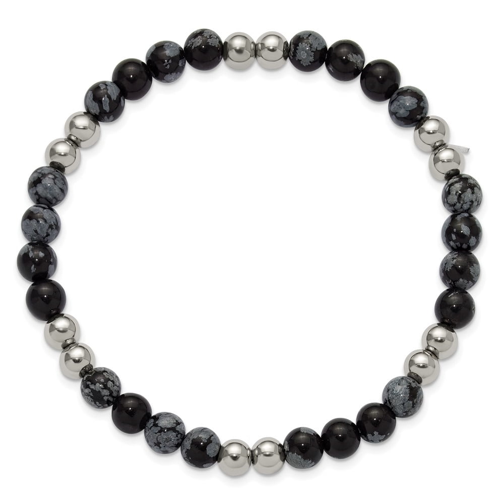 Diamond2Deal Stainless Steel Polished 6.5mm Black and Grey Synthetic Agate Stretch Bracelet for Men 8"