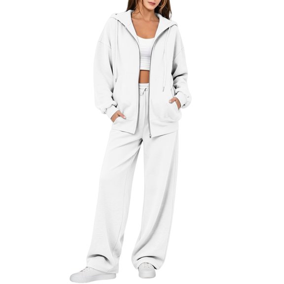 Women's 2 Piece Zip Up Hoodie Set Long Sleeve Sweatshirt and Wide Leg Pants Casual Fall Fleece Matching Set