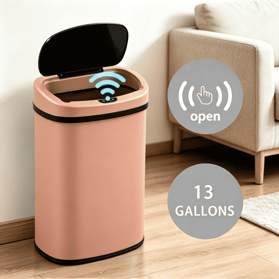XF XINFENG 13 Gallon 50 Liter Garbage Can Kitchen Trash Can with Lid Automatic Sensor Touch Free Stainless Steel Waste Bin for Bathroom/Bedroom/Home/Office, Pink