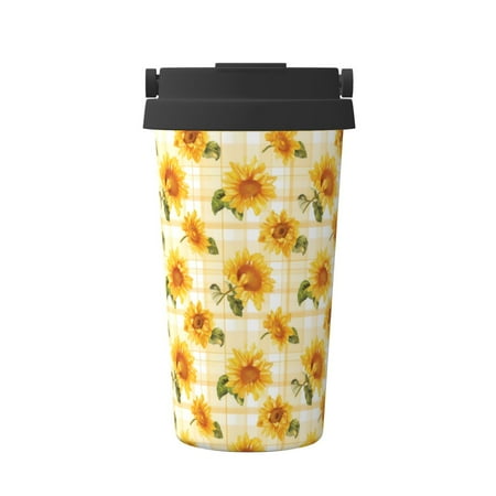 

Xecao Light Yellow Plaid Sunflower Pattern Insulated Coffee Mug with Handle & Flip Thermos Mug Water Bottle Coffee Tumbler Cup