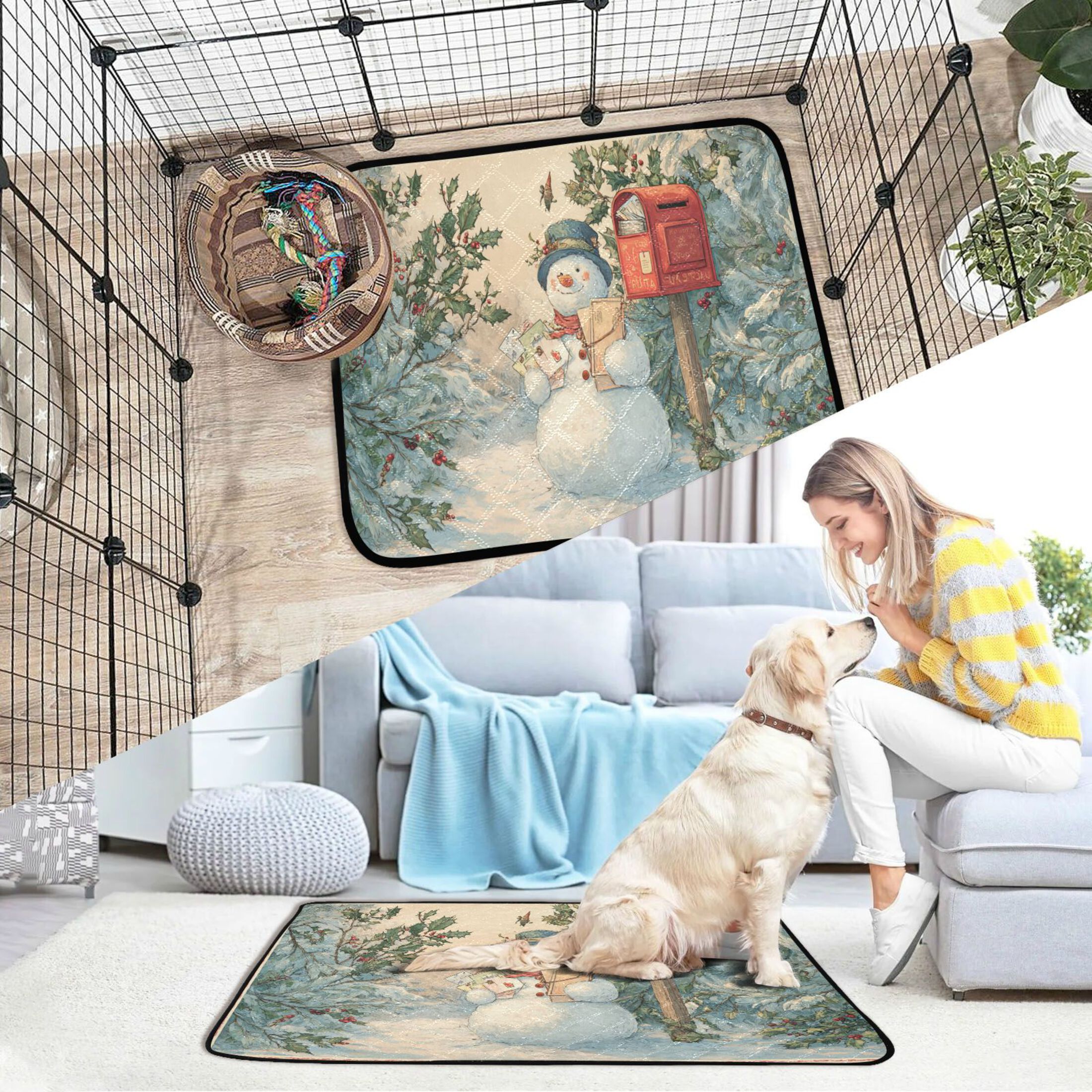 Qxltty Snowman Postman Cat litter Pads Pet Set of 2 Diaper Mats Center Anti-leakage Layer Absorbent Soft and Comfortable