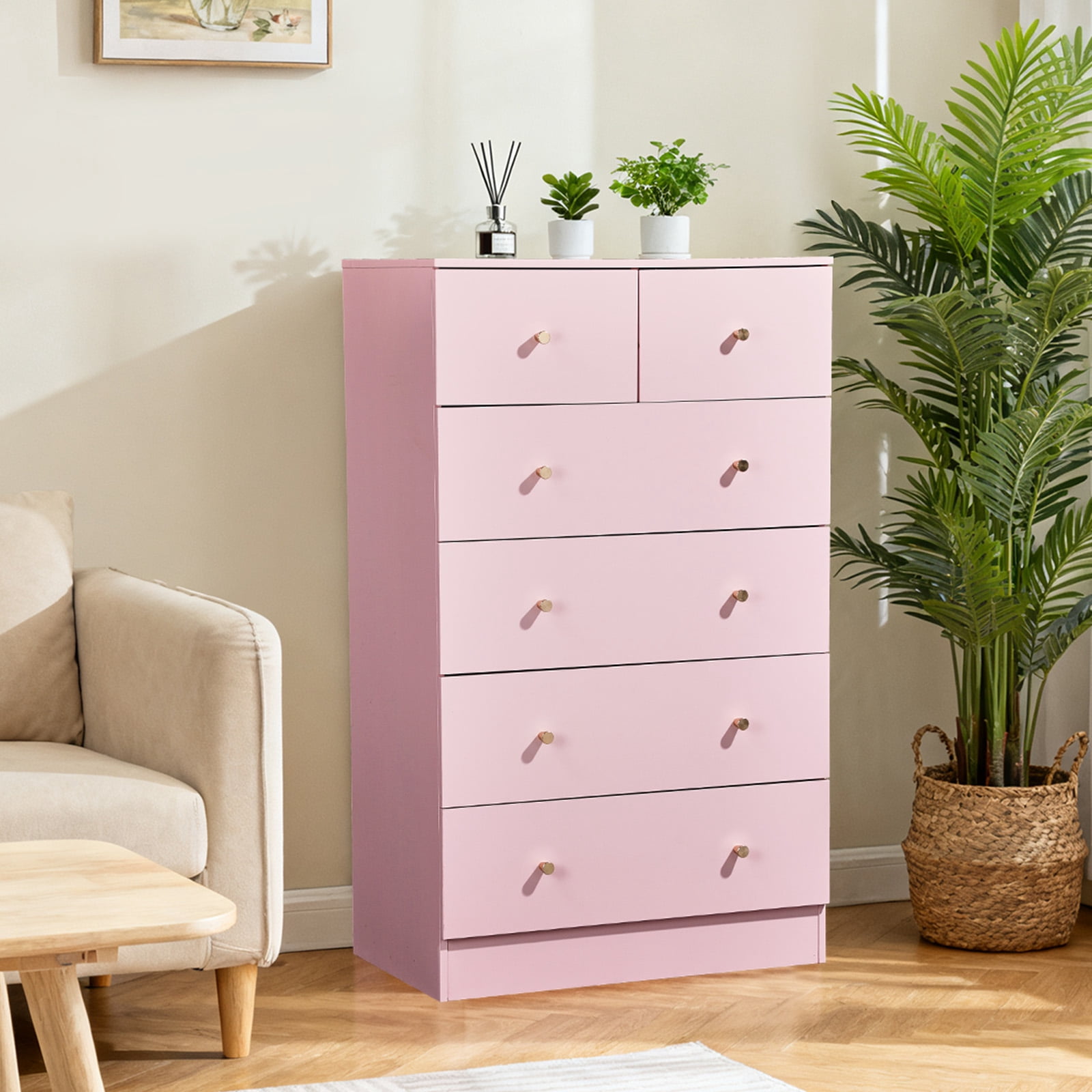 Macaroon 5 Drawer Cabinet, Matte Gold Handles Linen-Textured Particle Board Cabinet, Space-Saving Storage Organizer for Bedroom Home Office Living Area