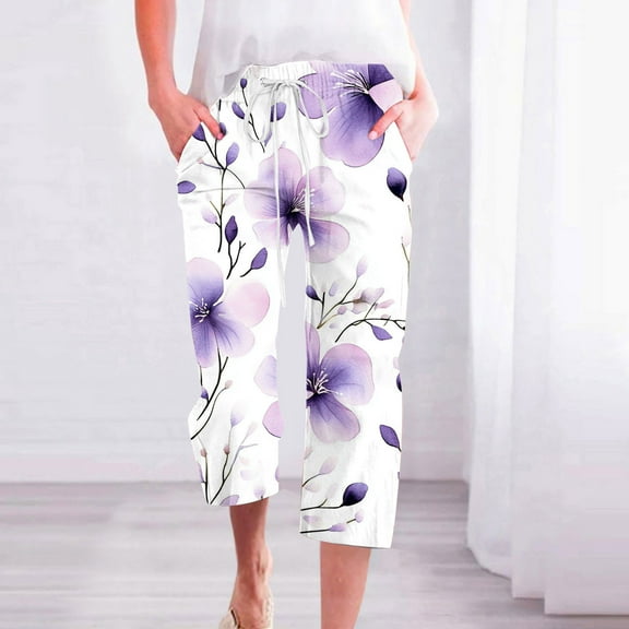 BiZtdJrK Womens Linen Capris Floral Print Casual Beach Pants Drawstring Elastic High Waisted Straight Leg Pants with Pockets sales today clearance prime only Multicolor#2 S